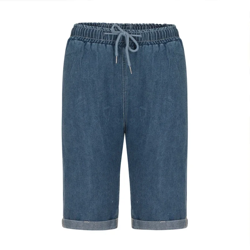 European & American Sourced Women's Loose Straight Cuffed Dark Blue Denim Capris