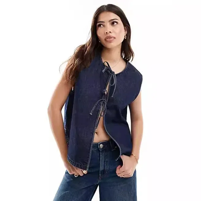 Amazon Denim Sleeveless Vest with Tie for Women