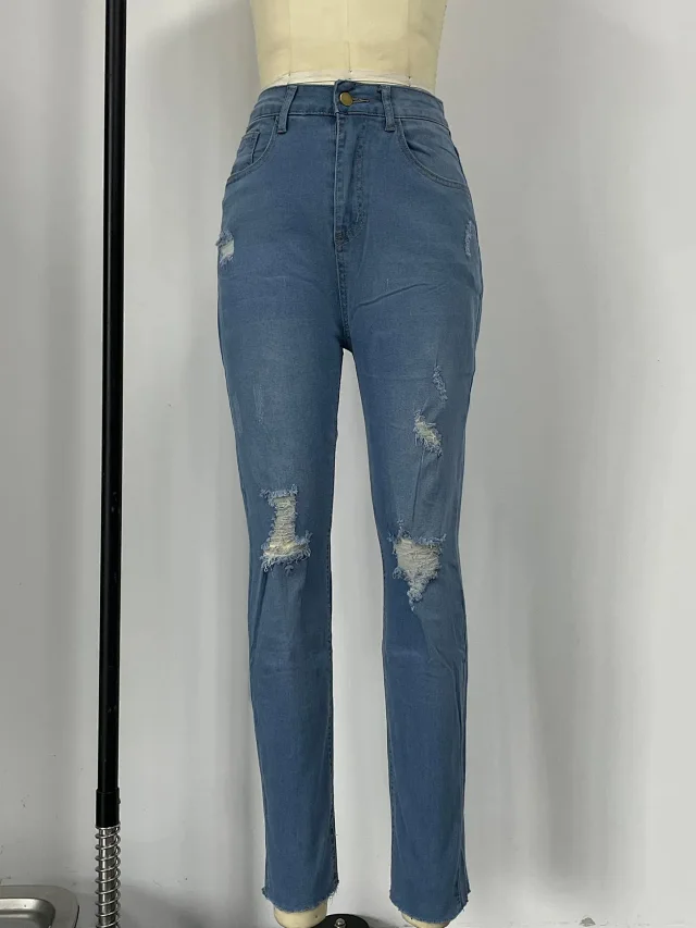 European & American Sourced Women's Spring/Fall Stretch Dark Blue Ripped High-Waist Slim Skinny Jeans (9/10 Length) Detail
