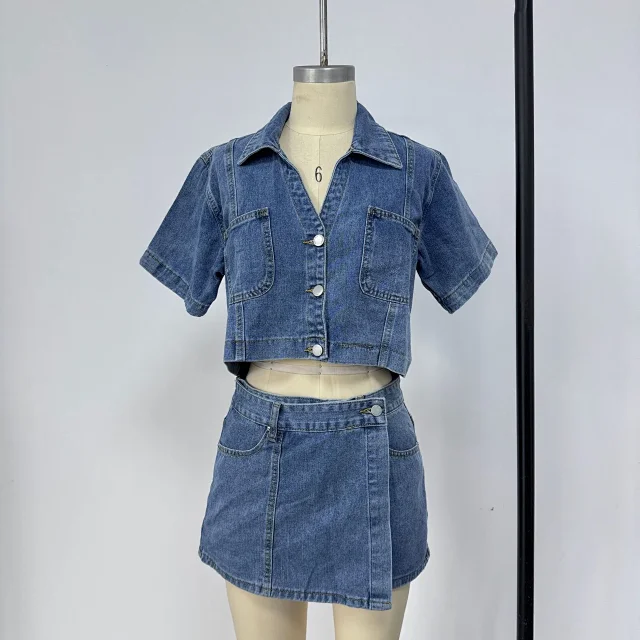 European and American Denim Shirt & Skirt/Pants Set Detail