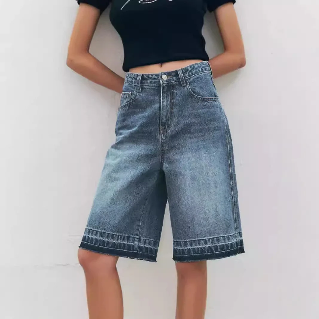 TUME Retro Loose High-waist Denim Capris for Women