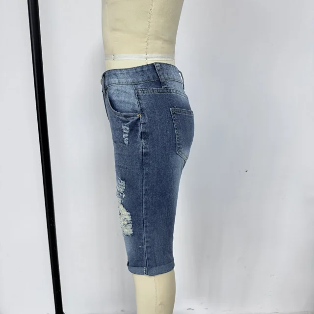 2025 Export-Sourced Slim-Fit Euro-American Hot Girl Jeans (Women's, 7/8 Length, Ripped) Detail