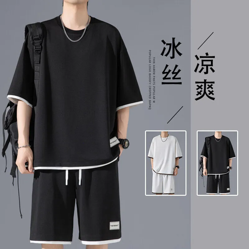 Men's Ice Silk Fake Two-piece T-shirt Set