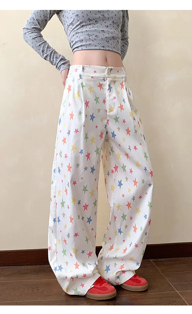 Men's Loose BF Straight Pants with Colorful Star Prints Detail
