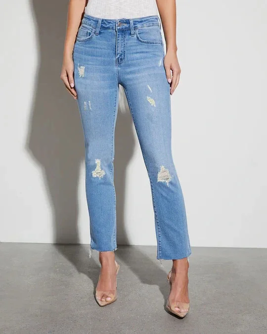 European & American Sourced Women's Spring/Fall Stretch Dark Blue Ripped High-Waist Slim Skinny Jeans (9/10 Length) Detail
