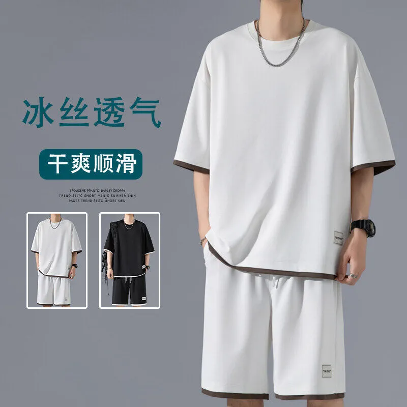 Men's Ice Silk Fake Two-piece T-shirt Set