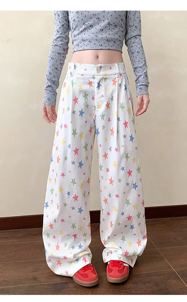 Men's Loose BF Straight Pants with Colorful Star Prints Detail