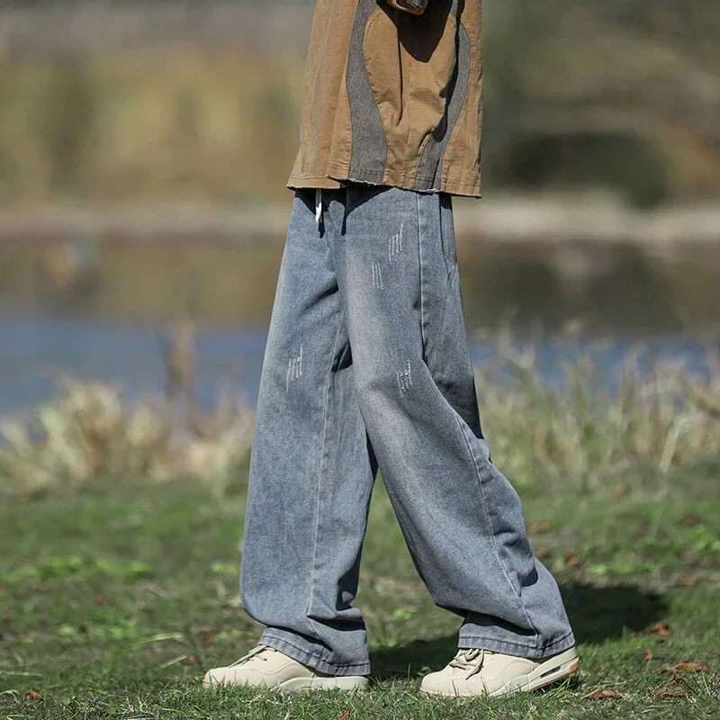Men's Retro Blue Washed Straight Loose Wide Leg Jeans