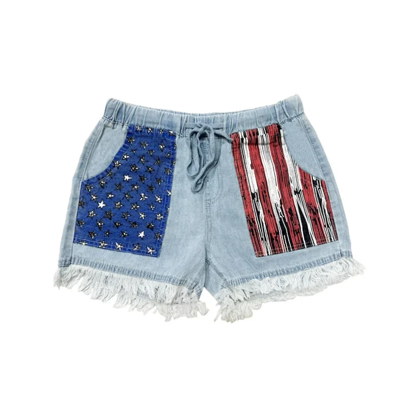 High-Waisted Drawstring Fringe Denim Shorts