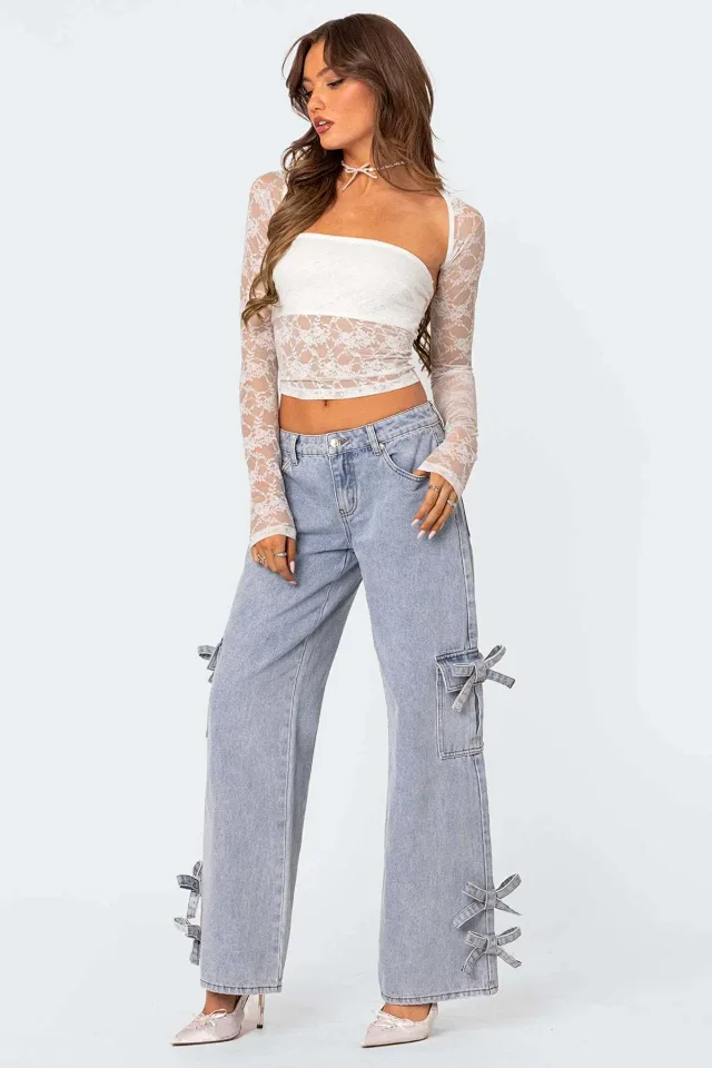 Retro Bow - Tie Mid - Rise Straight Pants Detail
