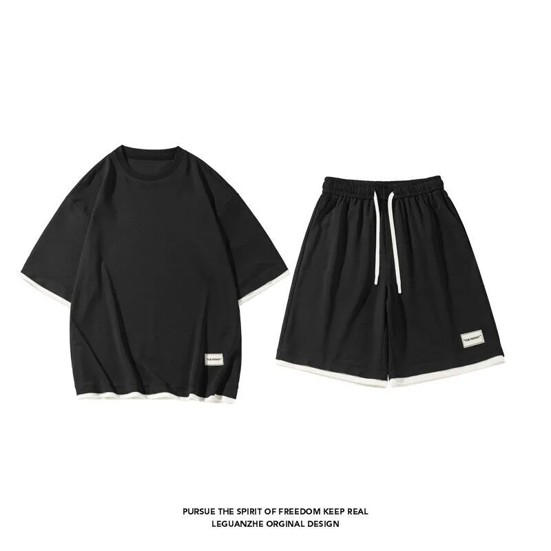 Men's Ice Silk Fake Two-piece T-shirt Set