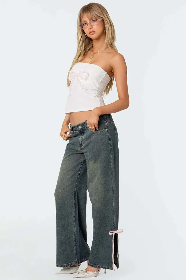 European Fashion New Micro-flared Mid-rise Slim Bow Side Split Jeans Detail