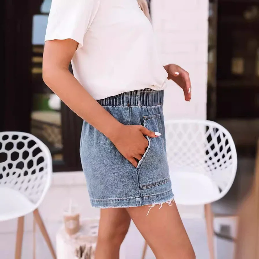 High - Waist Elastic Denim Shorts for Women