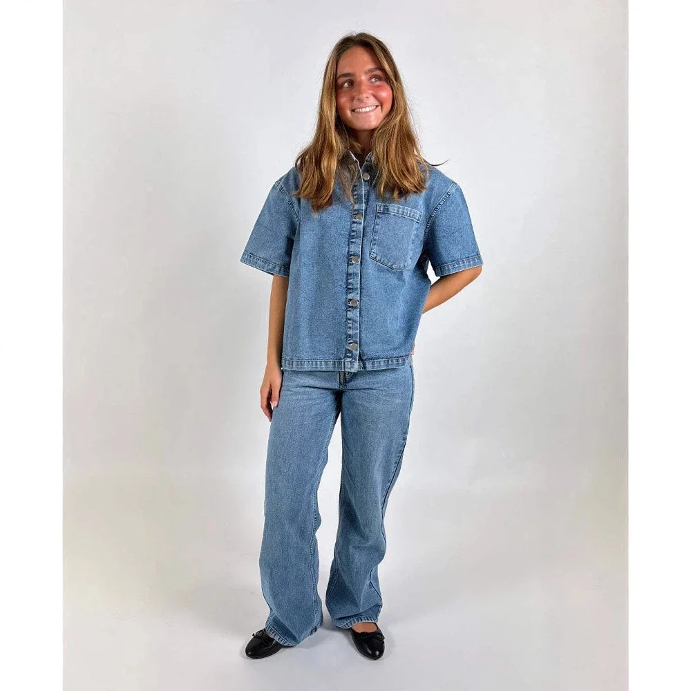 2025 Summer Retro Denim Short-Sleeve Shirts for Women