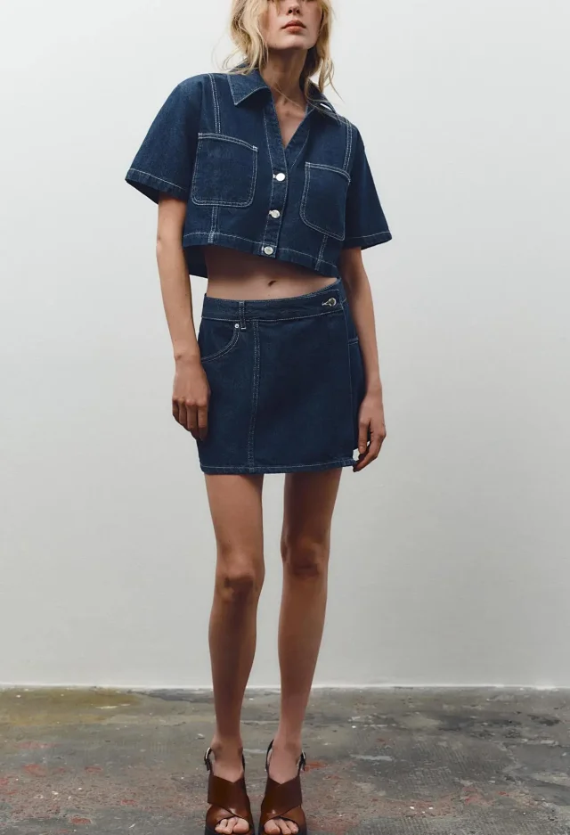 European and American Denim Shirt & Skirt/Pants Set Detail