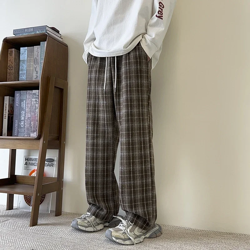 Men's Spring/Fall Contrast Check Wool Trousers