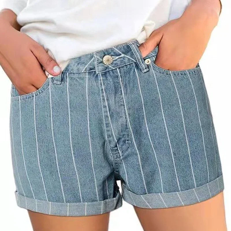 High-waisted Striped Cuffed Denim Shorts for Women