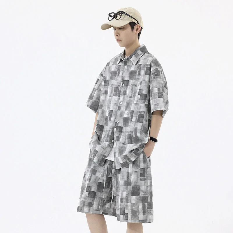 Men's Retro Plaid Short-Sleeve Shirt Suit