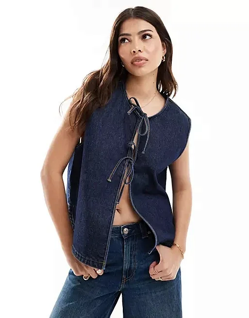 Amazon Denim Sleeveless Vest with Tie for Women Detail