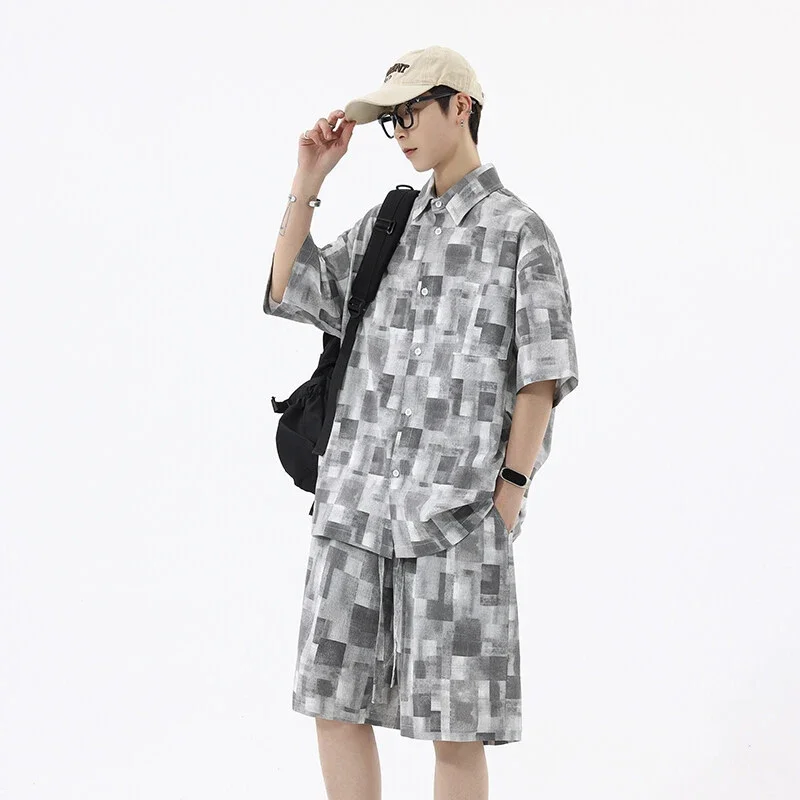 Men's Retro Plaid Short-Sleeve Shirt Suit