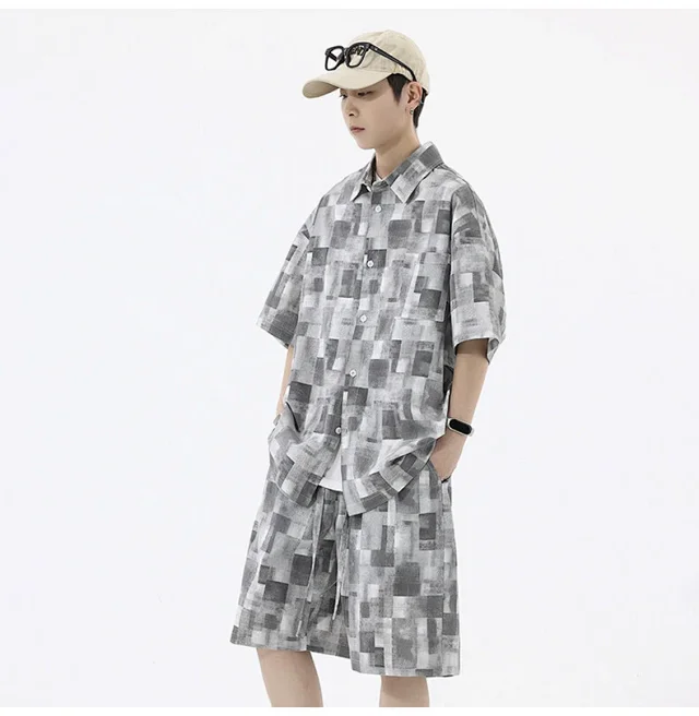 Men's Retro Plaid Short-Sleeve Shirt Suit Detail