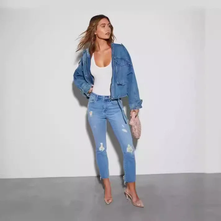 European & American Sourced Women's Spring/Fall Stretch Dark Blue Ripped High-Waist Slim Skinny Jeans (9/10 Length)