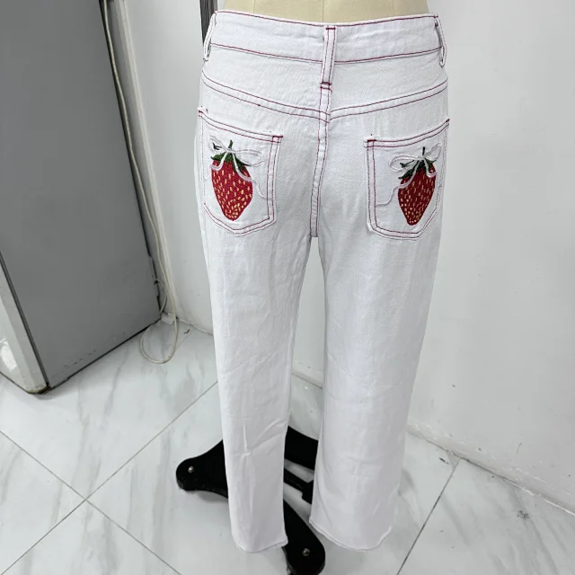 Early Fall White Jeans with Bow & Strawberry Patches Detail