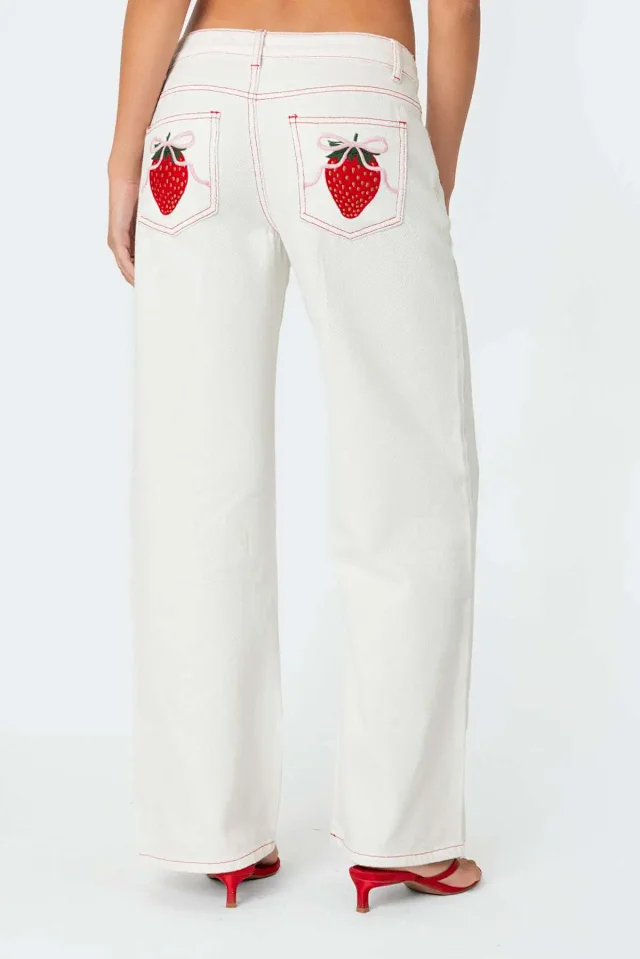 Early Fall White Jeans with Bow & Strawberry Patches Detail