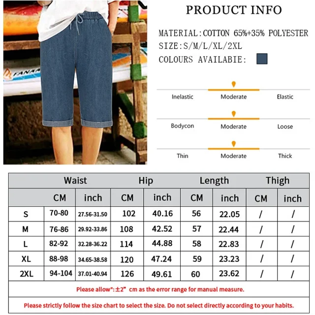 European & American Sourced Women's Loose Straight Cuffed Dark Blue Denim Capris Detail