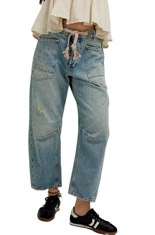 8 - Color Retro Denim with Patchwork & Drawstring Detail