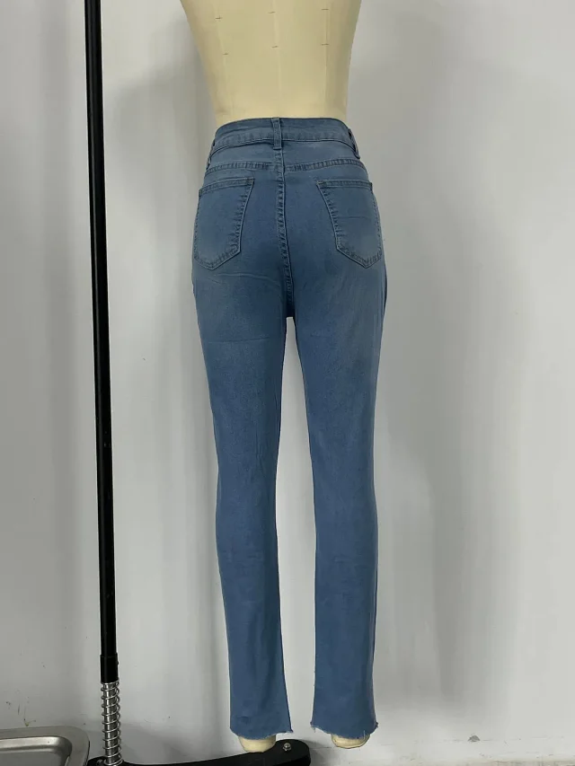 European & American Sourced Women's Spring/Fall Stretch Dark Blue Ripped High-Waist Slim Skinny Jeans (9/10 Length) Detail