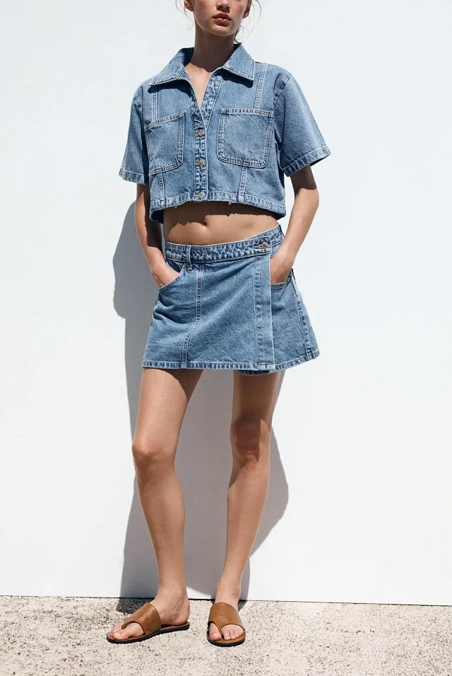European and American Denim Shirt & Skirt/Pants Set Detail
