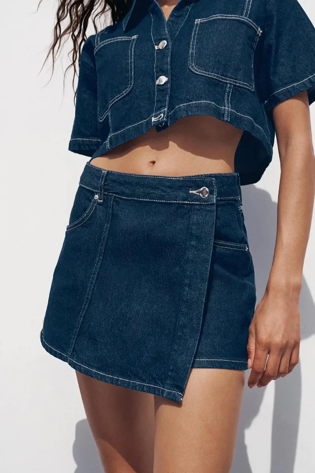 European and American Denim Shirt & Skirt/Pants Set Detail