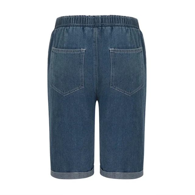 European & American Sourced Women's Loose Straight Cuffed Dark Blue Denim Capris Detail