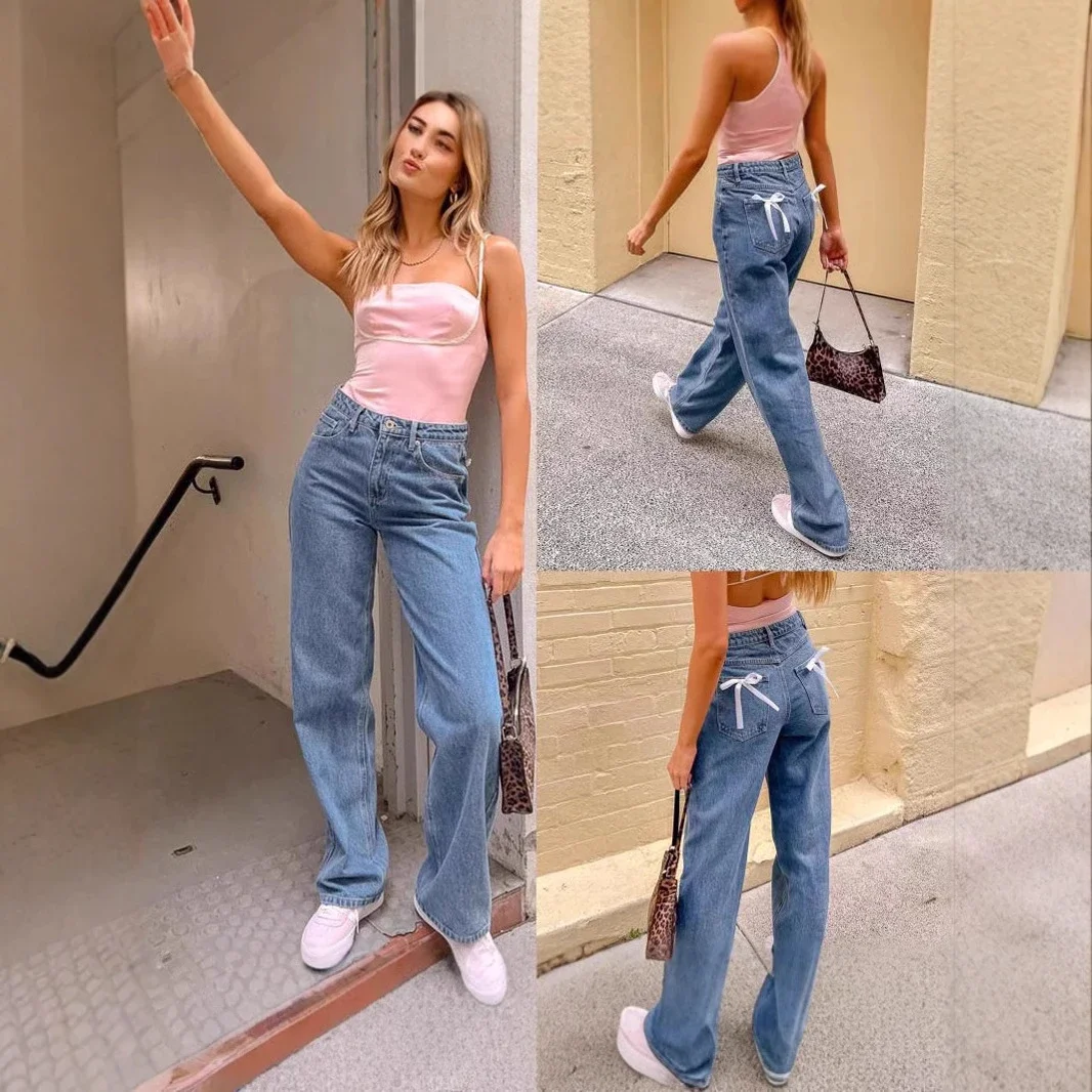High-Waist Bowknot Straight Jeans for Women