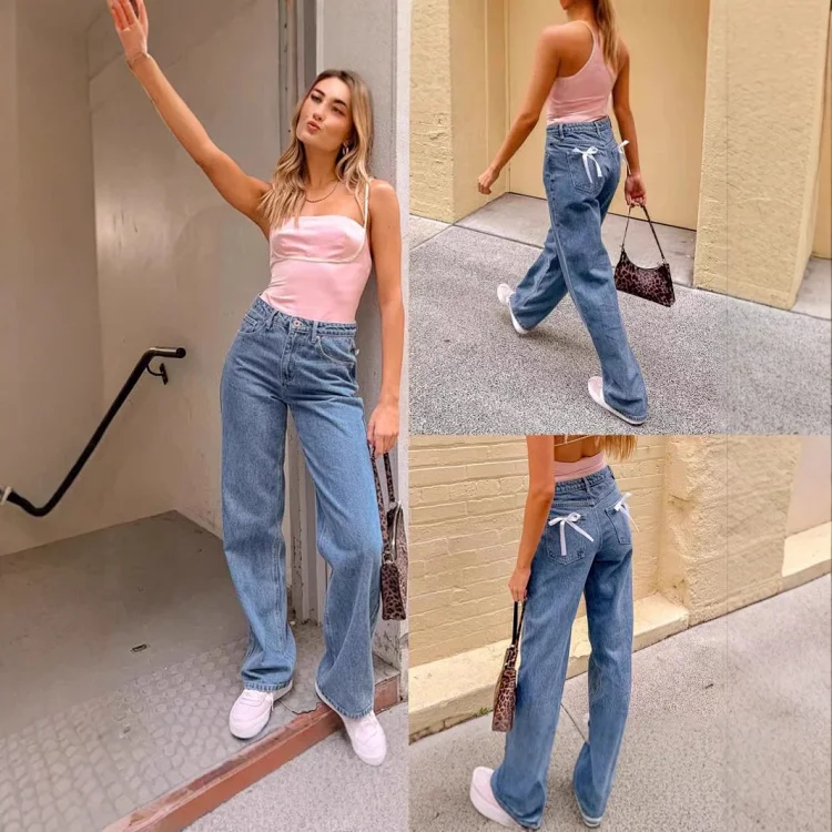 High-Waist Bowknot Straight Jeans for Women