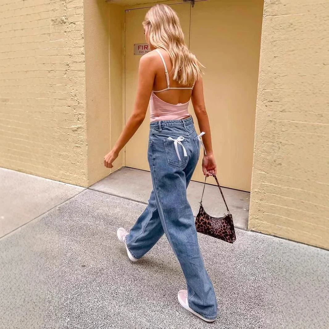 High-Waist Bowknot Straight Jeans for Women