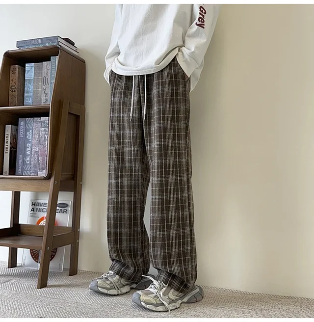 Men's Spring/Fall Contrast Check Wool Trousers Detail