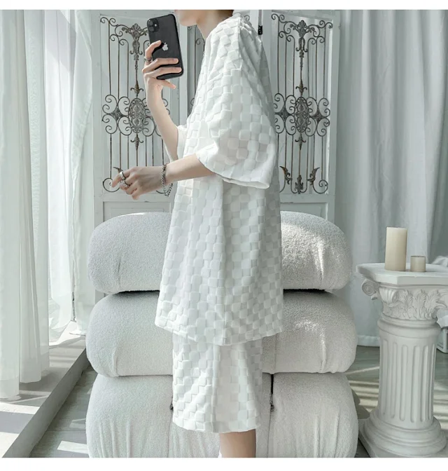 Men's Loose Checkered Jacquard T-shirt & Shorts Set Detail