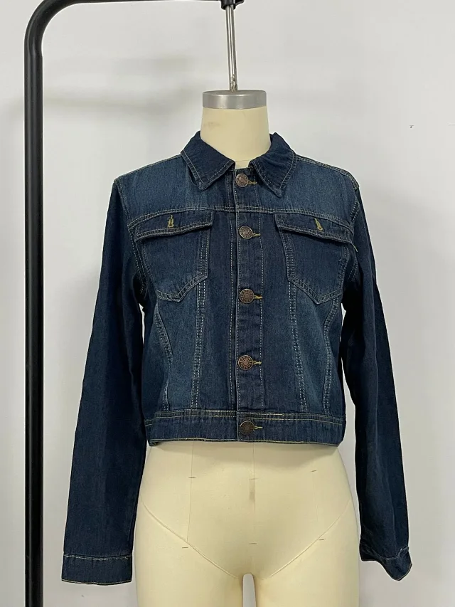 European Sourced Spring Autumn Women's Slim Fit Collarless Solid Single - Breasted Street Style Short Denim Jacket Detail