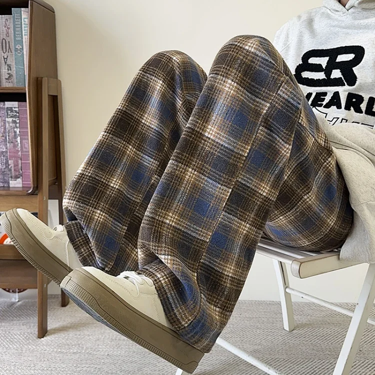 Men's Spring/Fall Contrast Check Wool Trousers