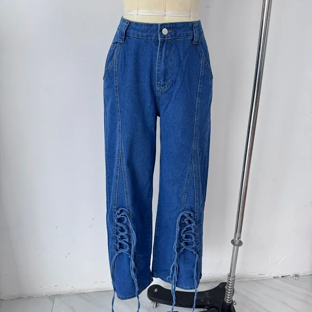 Women's Retro Tie-Decorated Wide-Leg Denim Pants Detail