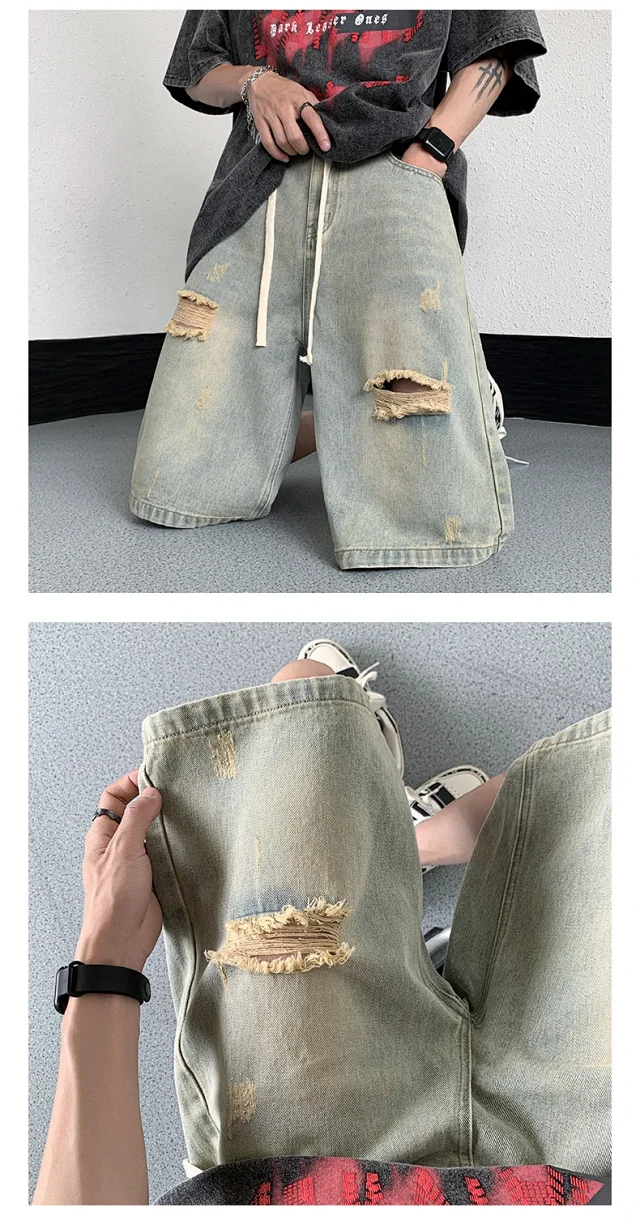 Men's Yellowish - Brown Ripped Denim Shorts Detail