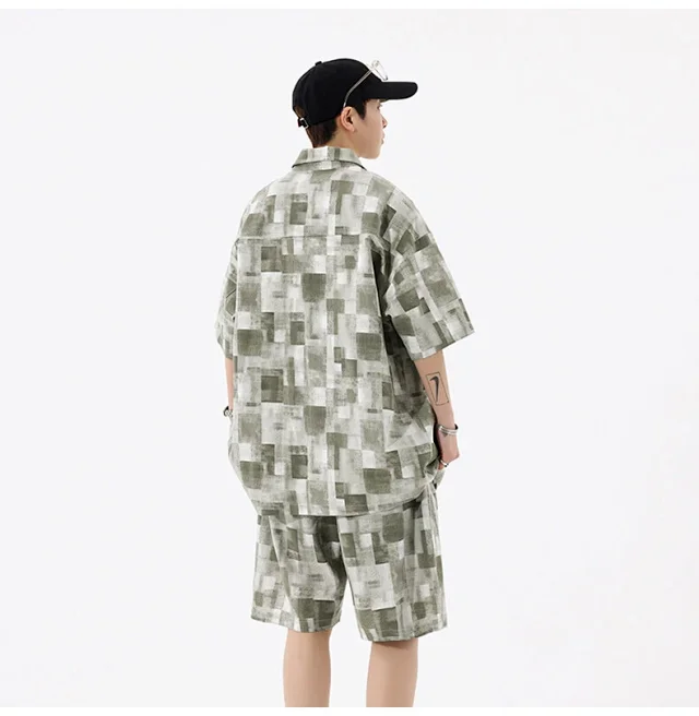 Men's Retro Plaid Short-Sleeve Shirt Suit Detail