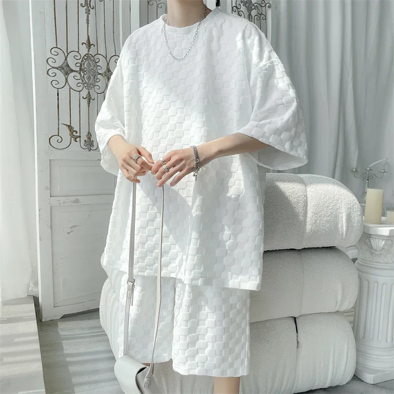 Men's Loose Checkered Jacquard T-shirt & Shorts Set
