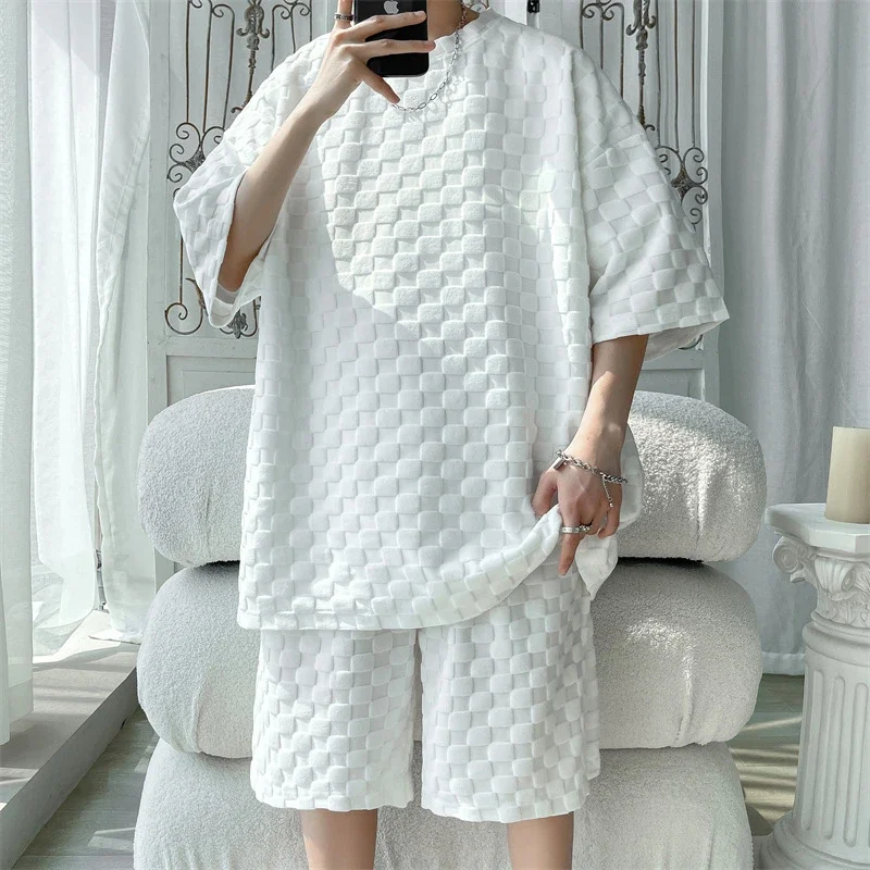 Men's Loose Checkered Jacquard T-shirt & Shorts Set