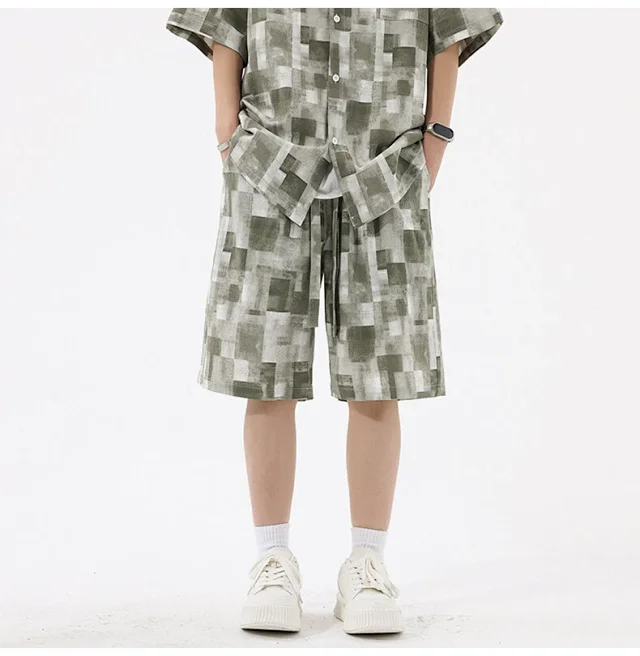 Men's Retro Plaid Short-Sleeve Shirt Suit Detail