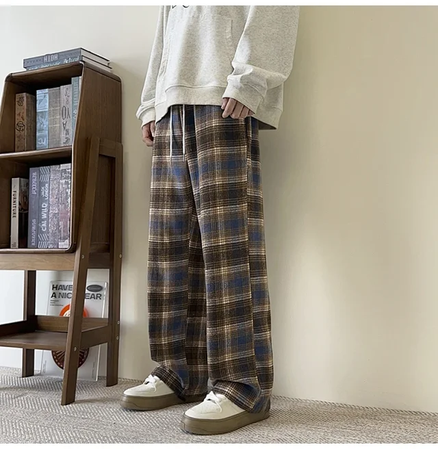 Men's Spring/Fall Contrast Check Wool Trousers Detail
