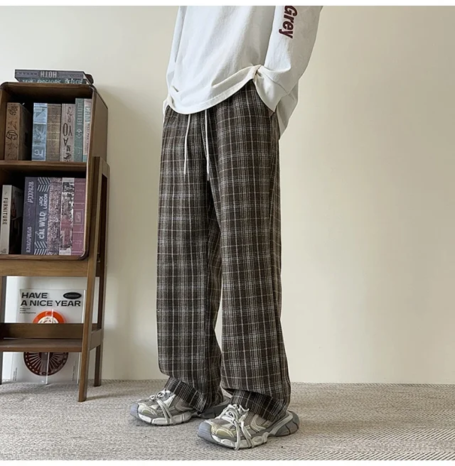 Men's Spring/Fall Contrast Check Wool Trousers Detail