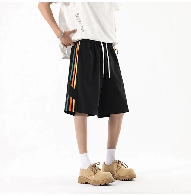 Men's Summer Sporty Basketball Shorts with Rainbow Stripe Detail